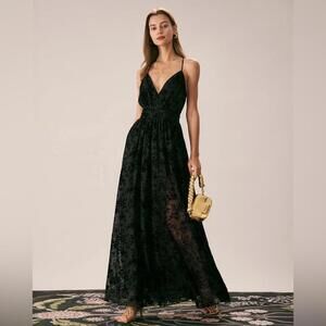 RIHOAS The Black Floral Flocked Mesh Slit Maxi Dress XS 37